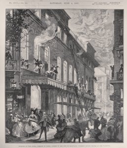 Afbrænding af Opera Comique i Paris, scene i Rue de Marivaux: Brandmænd, der redder mennesker ved vinduerne, fra 